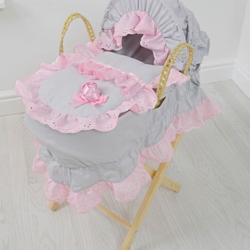 dolls moses basket and stand - pink and grey