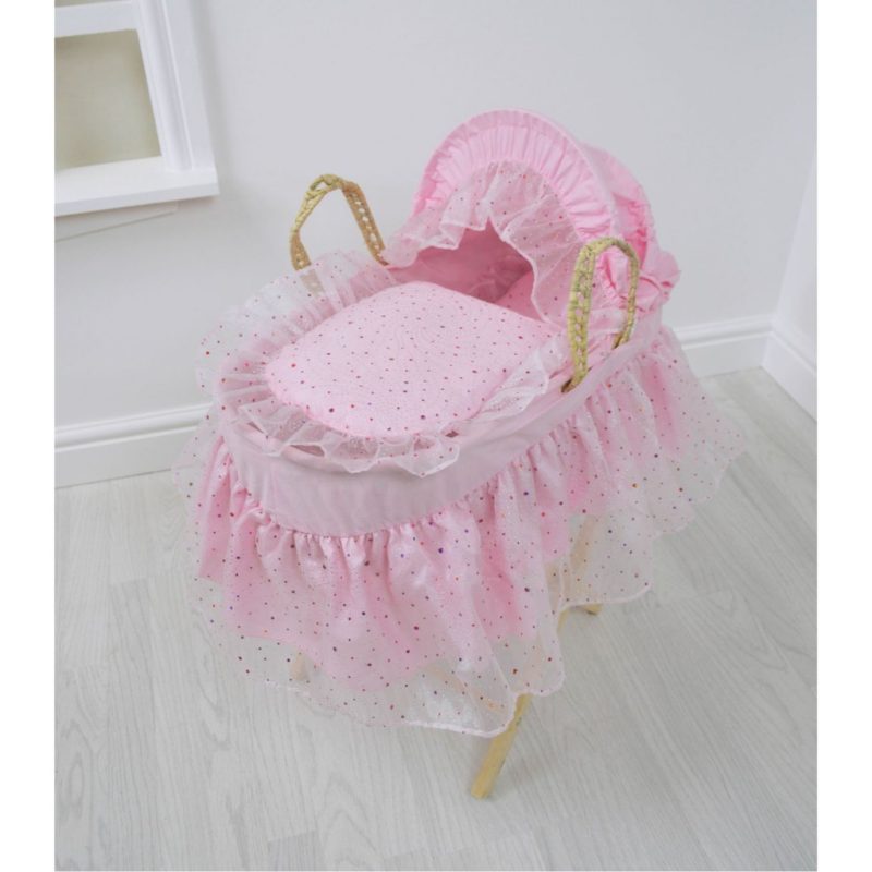 Dolls moses basket and stand pink sparkle
