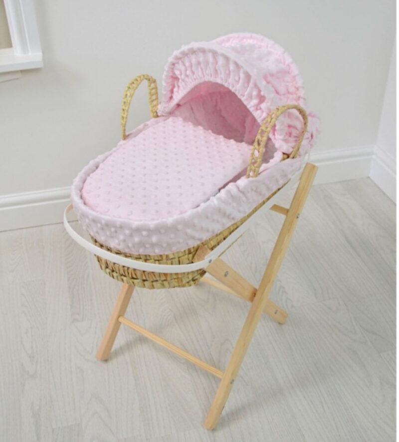 dolls moses basket and stand - pink dimple