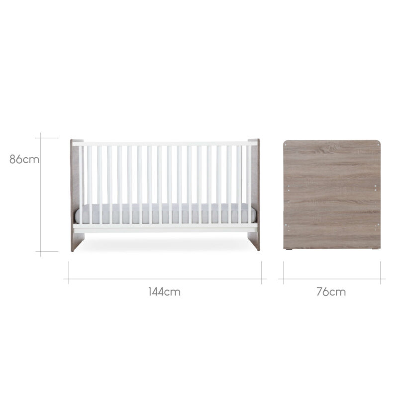 CuddleCo Enzo Cot Bed Truffle Oak and White Dimensions
