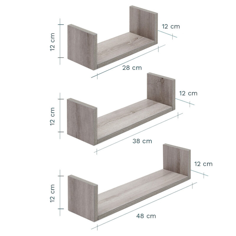 Modena Set of Three U-Shaped Wall Shelves Grey Ash Dimensions